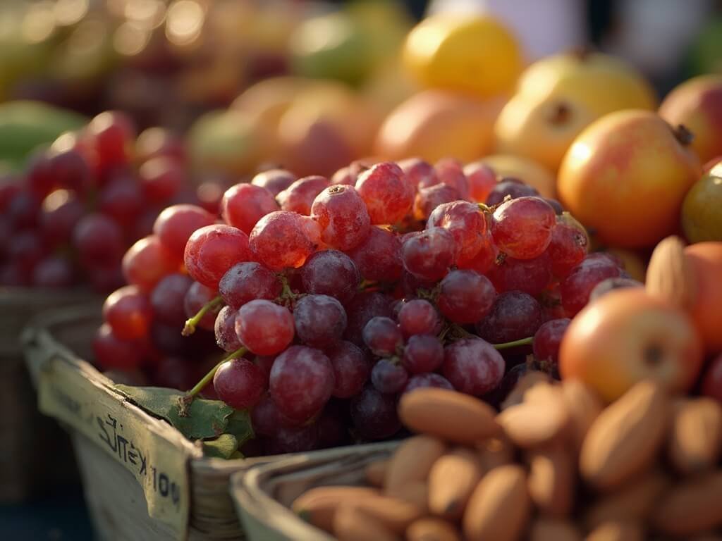 Close-up of ripe grapes, almonds, and stone fruits at a farmer's market, lit by soft morning light.