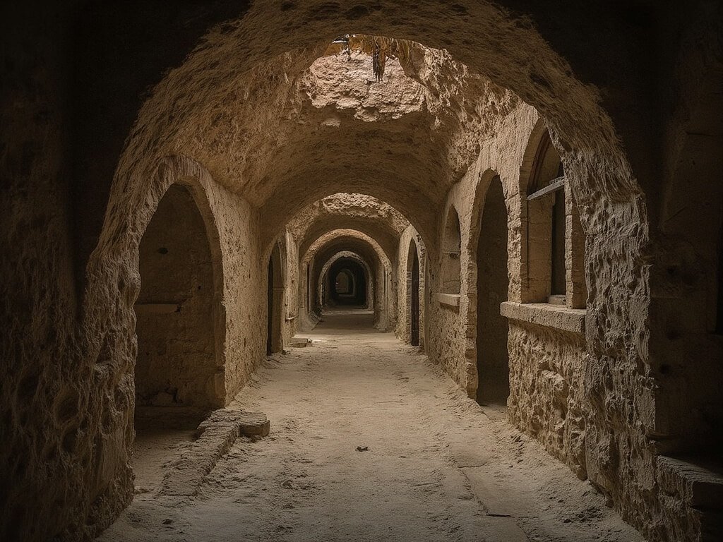 Interior view of Forestiere Underground Gardens showing stone walls, arched passages and cool, shadowy tunnels