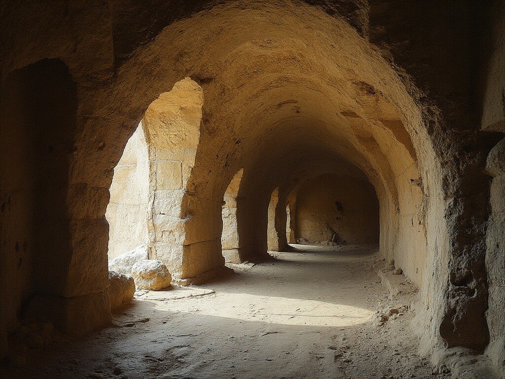 Underground tunnel in Forestiere Underground Gardens showcasing intricate hand-carved stone walls, archways and diffused lighting