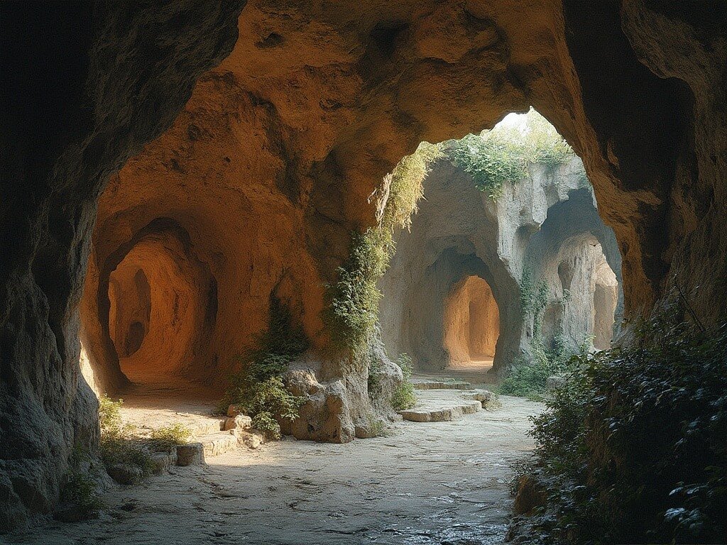 Hand-carved stone tunnels in Forestiere Underground Gardens with natural light illuminating rock formations and architectural details
