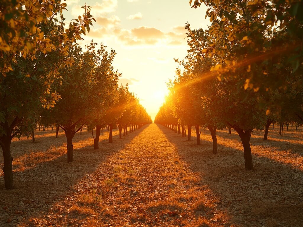 Sun-drenched almond orchard in Central Valley, Fresno, with ripened almonds on trees and heat waves shimmering over golden landscape