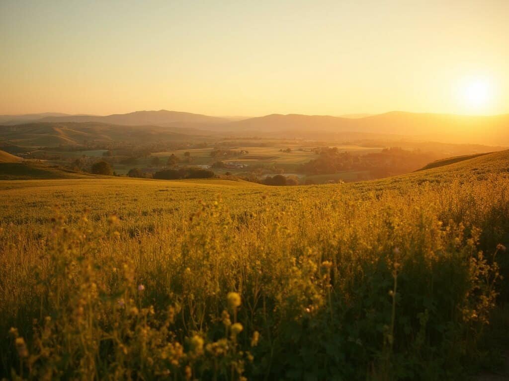 Golden sunlight illuminating Fresno's agricultural fields with rolling hills and wildflowers in April