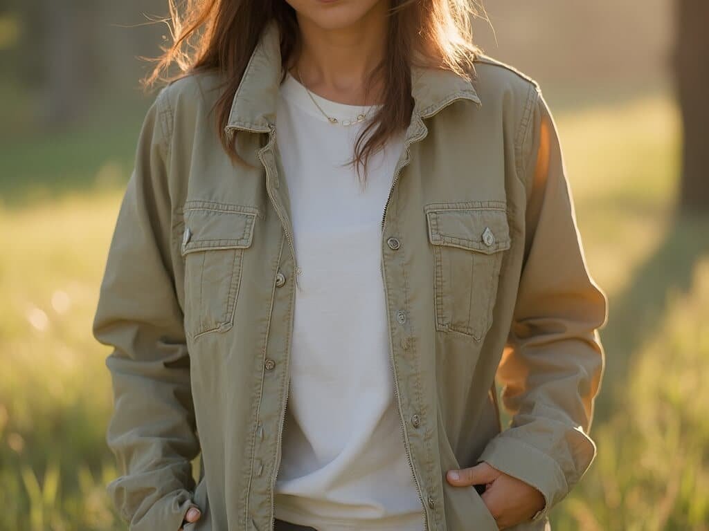 Person in layered clothing experiencing Fresno's perfect April transitional weather, with evidence of slight breeze in moving grass and tree branches.