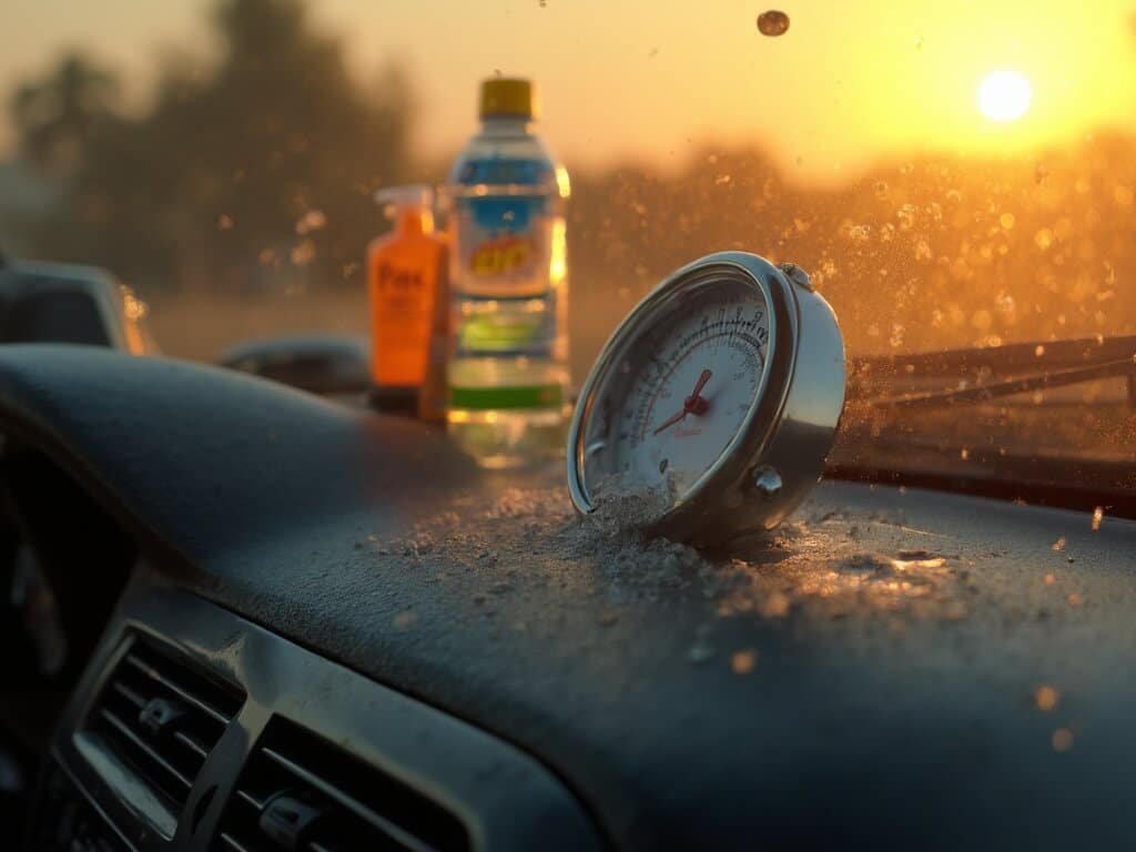 Close-up of a car dashboard in Fresno showing a thermometer at over 100°F, water bottle and sun protection items under detailed, crisp lighting.