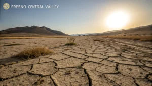 "Dramatic wide-angle photograph of parched, cracked earth in Fresno's Central Valley during peak August heat, featuring distant brown hills, shimmering heat waves, sparse dead grass, pale sky with high sun, and thermometer showing 105°F."