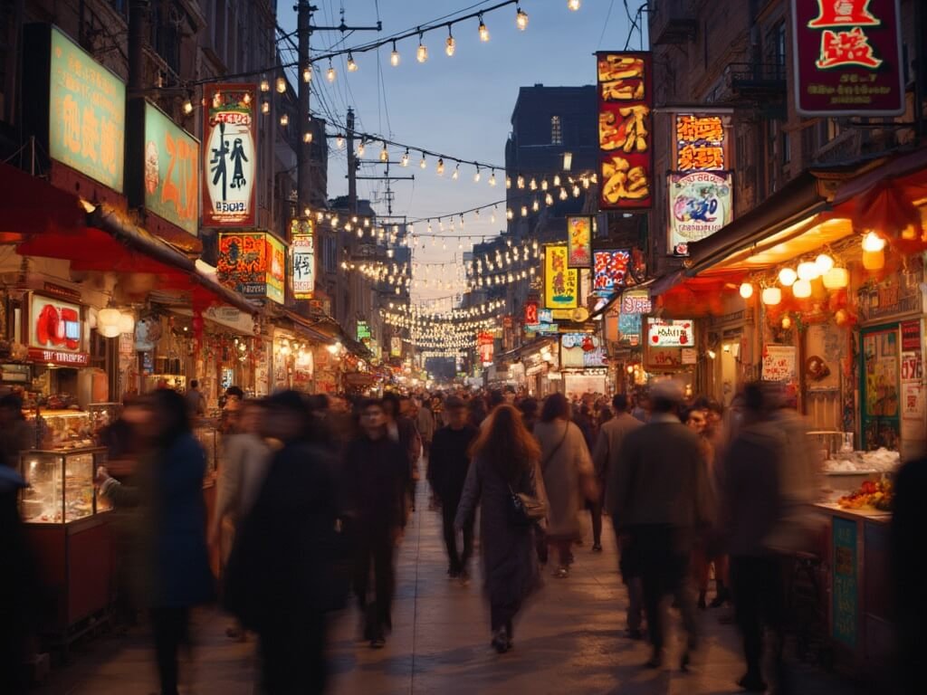 Bustling scene at the 559 Night Market in downtown Fresno's Chinatown, filled with people, colorful food stalls, and soft lighting at dusk