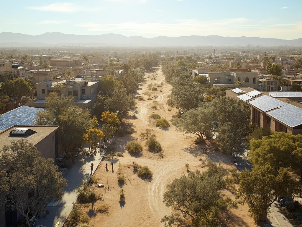 Fresno's urban landscape with solar panels, drought-resistant landscaping, and heat-adaptive architectural designs on a hot summer day, showcasing the city's climate adaptation strategies