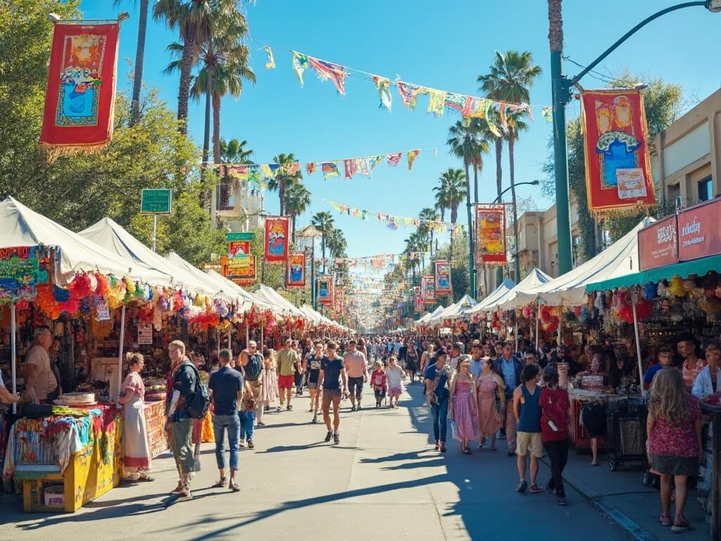 Community festival in Fresno featuring locals, colorful banners, cultural elements under a clear blue sky