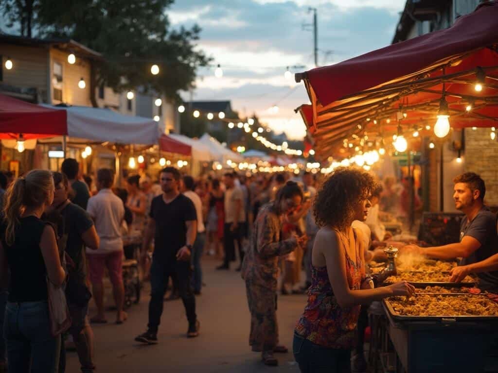 Multicultural crowd gathering at the 559 Night Market in Fresno, filled with food stalls and bathed in soft evening light, symbolizing community resilience against environmental challenges.
