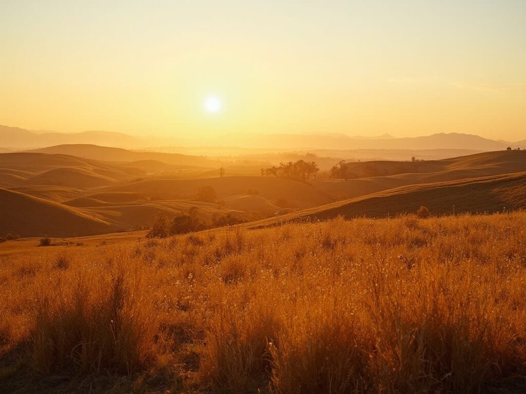 Golden hour autumn landscape of Fresno's farmlands with warm light, distant mountains, and vibrant colors