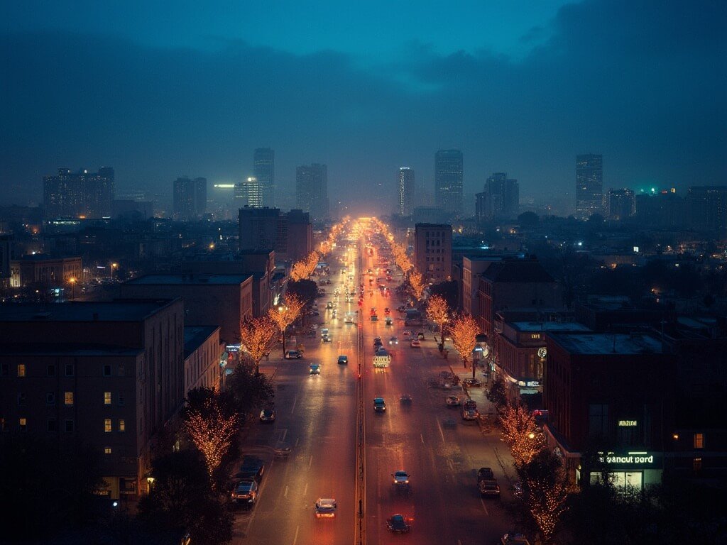 Evening cityscape of Fresno in December with glowing street lights, foggy atmosphere, silhouette of buildings against a twilight sky and subtle holiday decorations