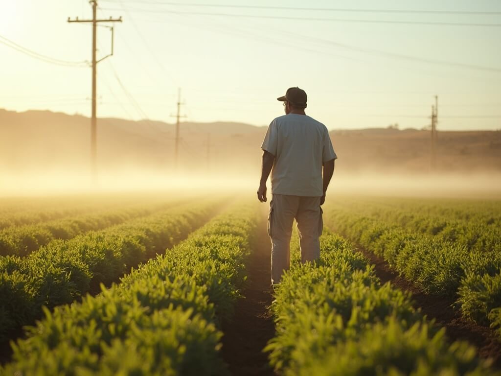 Local farmer standing in irrigated crop rows under bright sunlight in Fresno landscape, highlighting agricultural precision