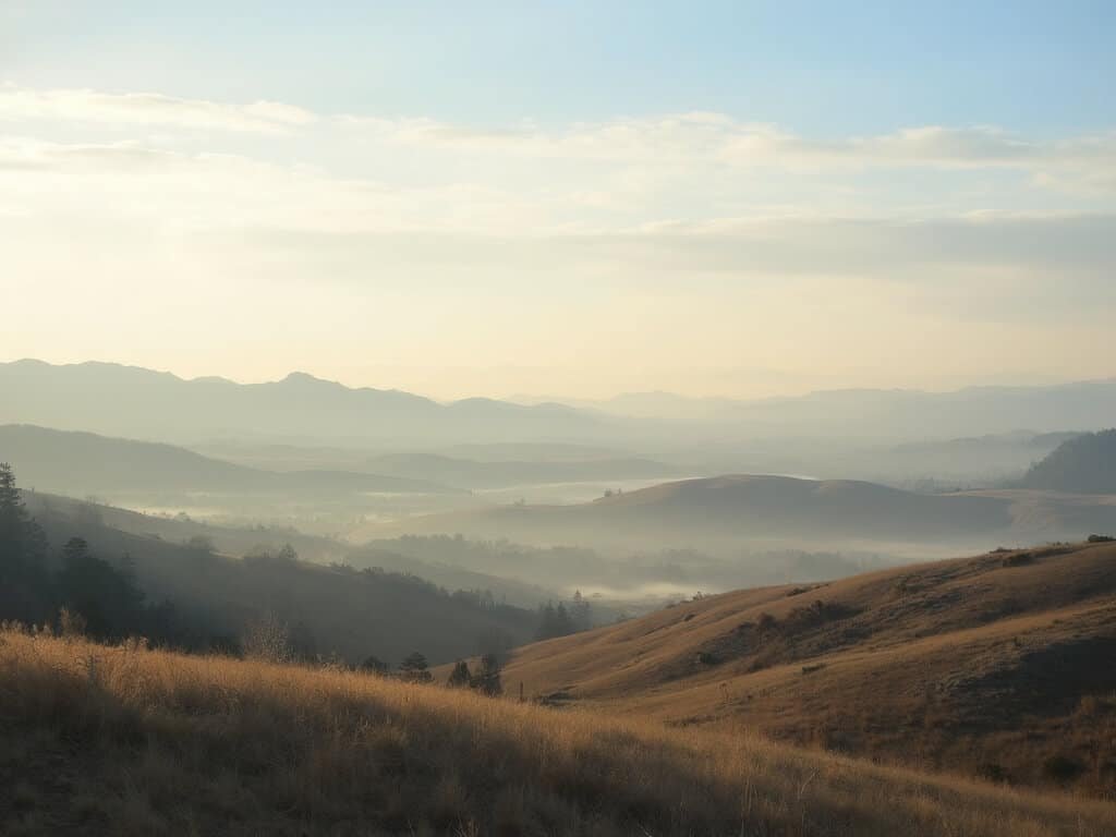 Fresno's rolling terrain under morning light with rising mist and distant mountains in a soft blue and golden color palette
