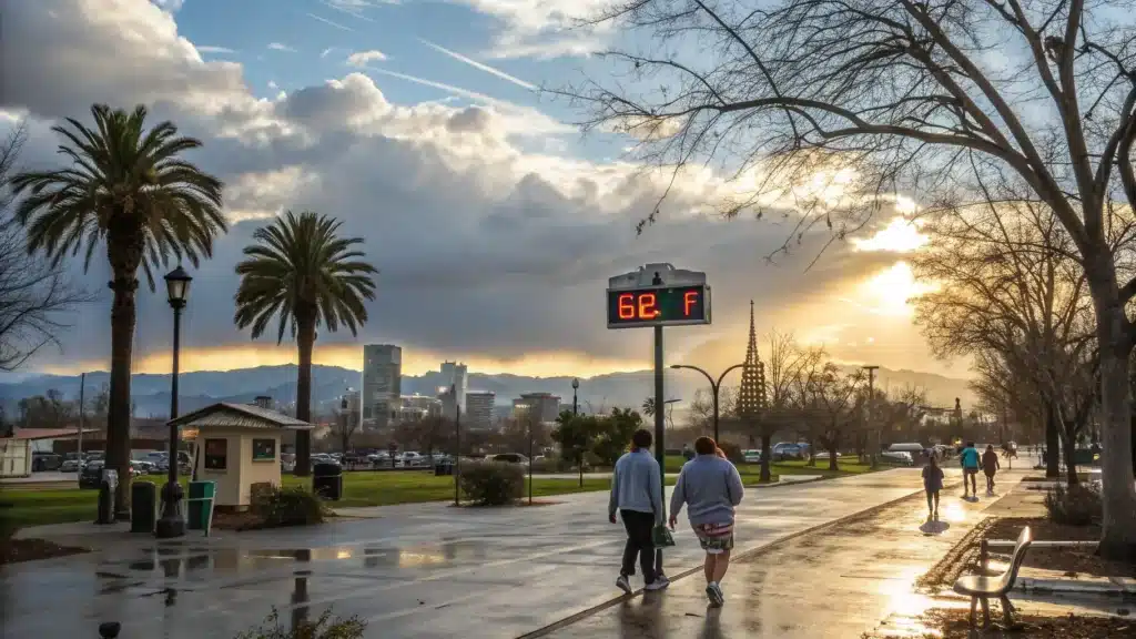 "Downtown Fresno, California skyline in February, with palm trees, meter showing 62°F, people in light jackets, puddles from recent rain, Sierra Nevada mountains in the distance, long shadows from afternoon sunlight, and an umbrella by a park bench."