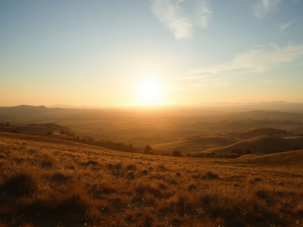 Panoramic view of Fresno's Central Valley during midday, showcasing agricultural fields under bright sunshine and distant tree silhouettes