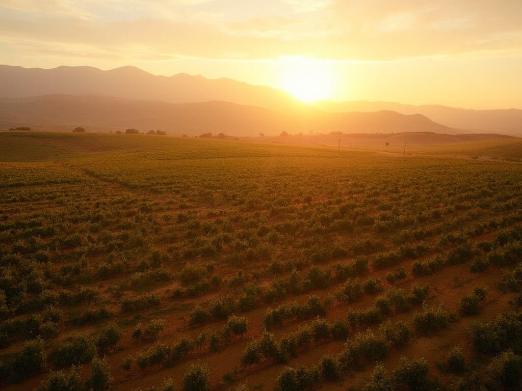 Fresno's October: Your Ultimate Weather and Travel Guide Golden hour sunlight casting shadows on Fresno's harvested orchards during the transition from summer to autumn