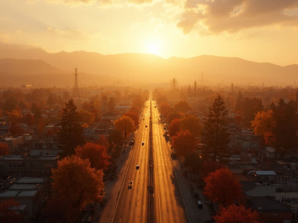 Fresno's October: Your Ultimate Weather and Travel Guide Fresno urban landscape bathed in golden hour light during October, showcasing autumn colors, long shadows, and distant mountains