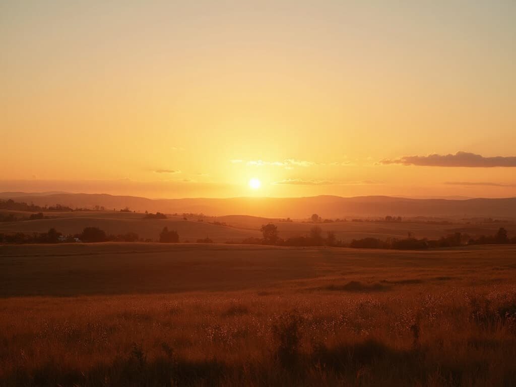 Golden hour sunset over Fresno landscape with wind-swept grasslands and distant agricultural fields