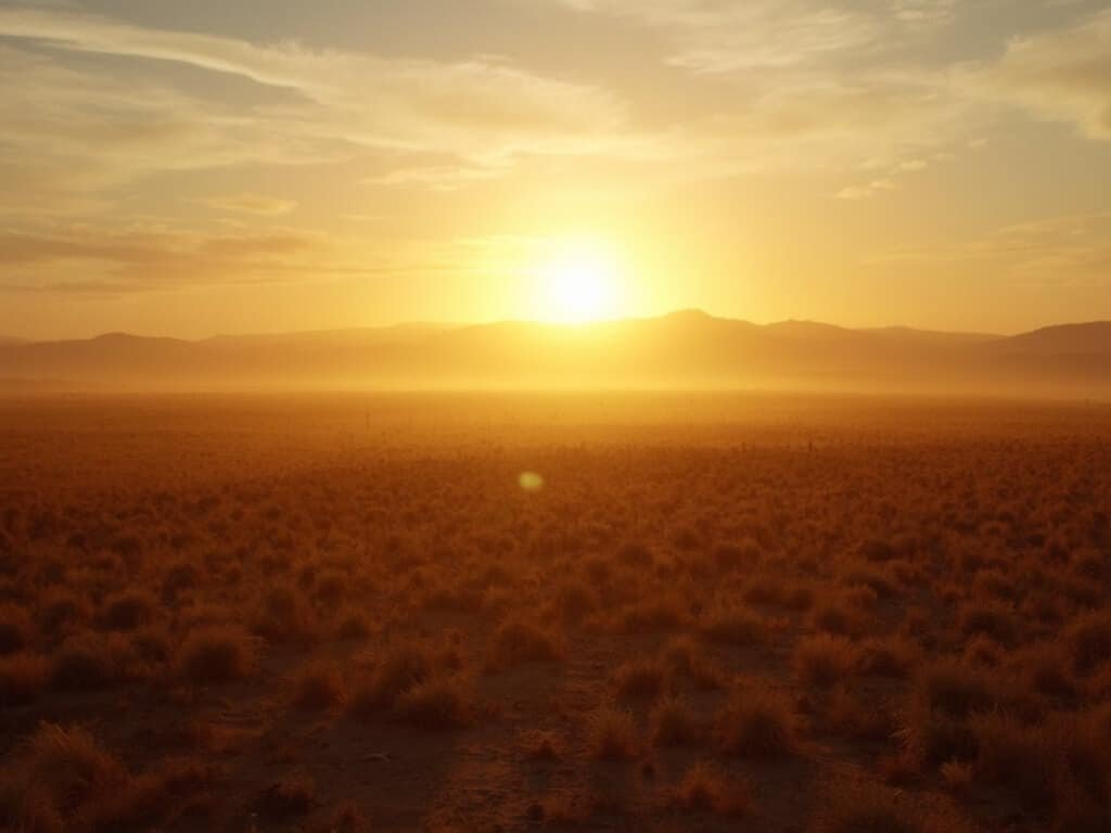 Golden hour summer vista of Fresno's arid fields, distant mountain silhouettes, and expansive sky
