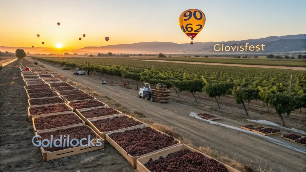 "Sun-drying raisins and ripe grape vineyards during September harvest in Fresno under a golden sunset, with Sierra Nevada mountains and ClovisFest hot air balloons in the distance, and a thermometer overlay showing temperature transition from 90°F to 62°F."