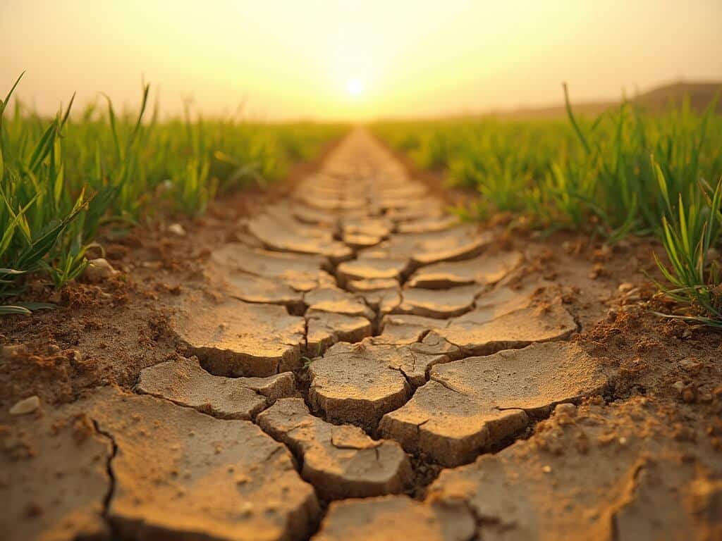 Close-up of cracked earth and withered grass in a hot Fresno agricultural field with vibrant crop rows and heat haze in the background