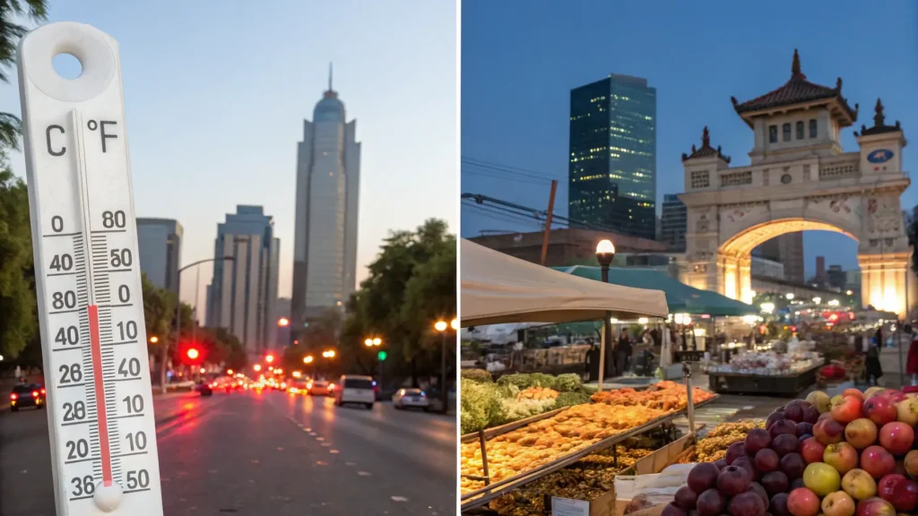 "A split-view image of Fresno's downtown skyline under a 101°F temperature, depicting both harsh daytime conditions with sun glare and empty streets to the left, and lively nighttime market scenes with Asian lanterns and outdoor activities to the right, forest fruits in the foreground, and Forestiere Underground Gardens' stone archways subtly overlaid."