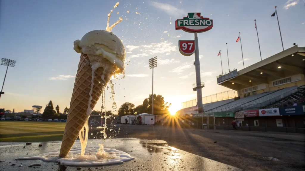 "Melting vanilla ice cream cone under 97°F sunlight in downtown Fresno with Pride flags and baseball stadium lights in the background, bathed in golden hour shadows, depicting the intense heat of California"
