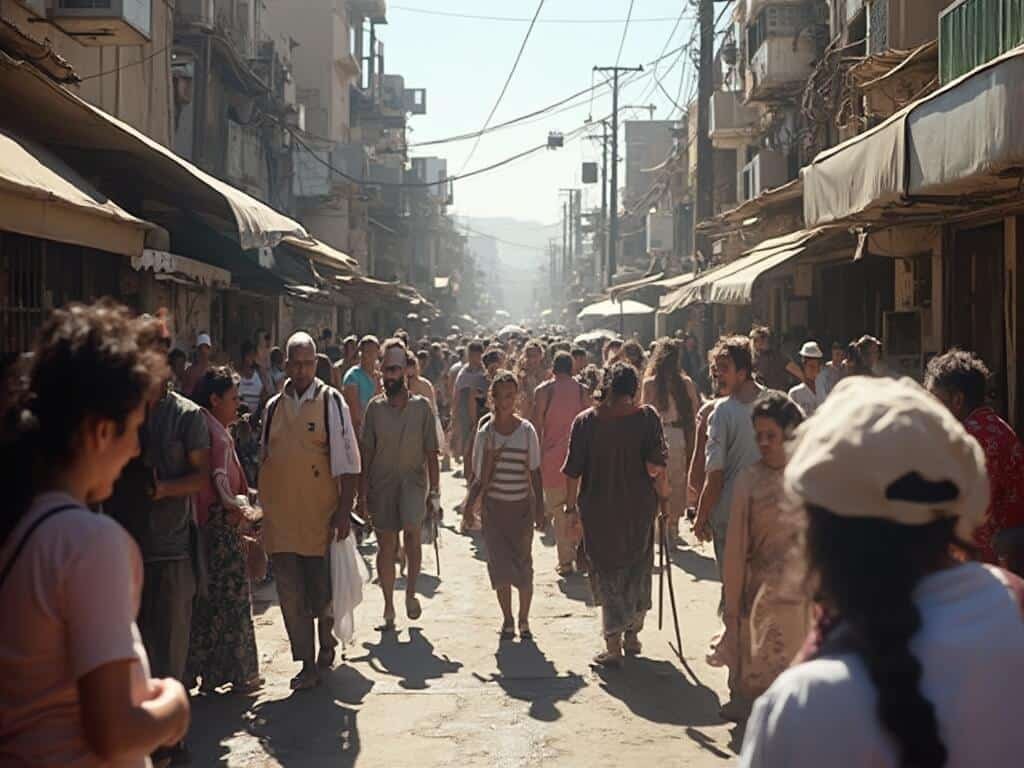 Crowd in a Fresno urban street during midday heat, people seeking shade, dressed in light clothes, air conditioning units on buildings, elderly with cooling towels, adapting to extreme temperatures