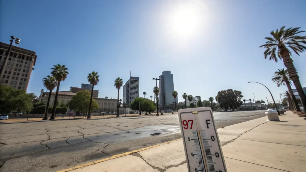 "Fresno, California skyline in brutal midday heat with thermometer displaying 97°F, palm trees, and downtown buildings under harsh overhead lighting, showcasing the ultra-realistic heat haze"