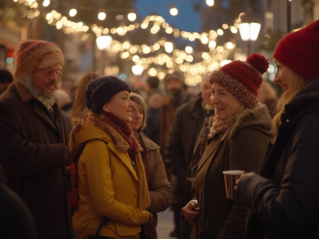 Candid photo of a multigenerational, multicultural holiday event in a Fresno public space featuring heartfelt interactions, warm smiles, and festive ambient lighting capturing a soft winter atmosphere