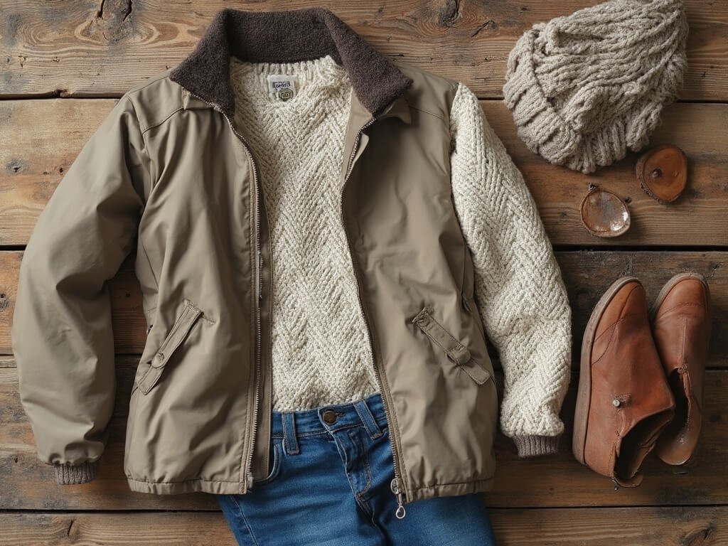 Assorted winter clothing layered on a rustic wooden surface, including light sweaters, a rain jacket, and comfortable walking layers in soft neutral colors, representing Fresno's variable January climate.