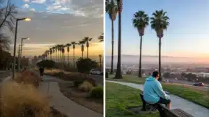 "Split-screen image showing Fresno's dual January climate: sunny afternoon with a person in a t-shirt and clear blue skies on the left; foggy dusk with light rain, a person in a light jacket, and the Central Valley landscape in the background on the right."