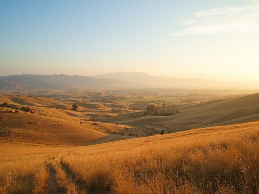 Panoramic view of Fresno in January featuring golden sunlight, rolling agricultural fields, distant hazy mountains and crisp clear morning sky