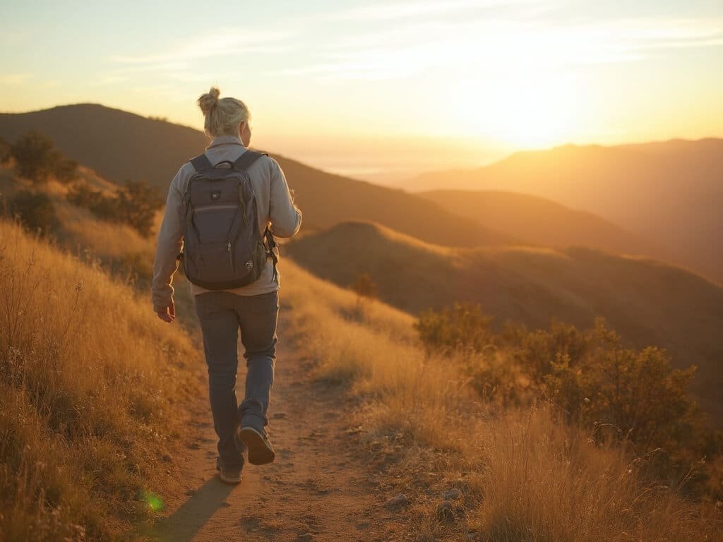 Hiker enjoying a scenic trail in Fresno's rolling terrain under soft golden sunlight, with distant hills and early spring vegetation on a comfortable March day