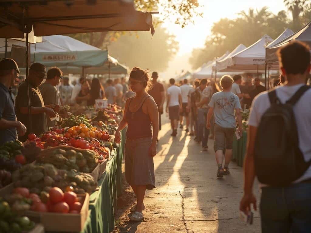 Early morning Fresno farmer's market scene with local vendors setting up stalls, fresh produce on display, and people moving calmly in the golden sunlight.