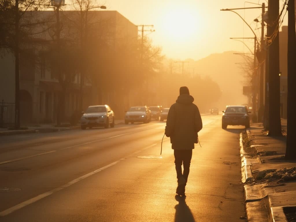 Early morning in Fresno with empty street, long shadows and a lone figure in lightweight clothing demonstrating the cool hours before the day's heat