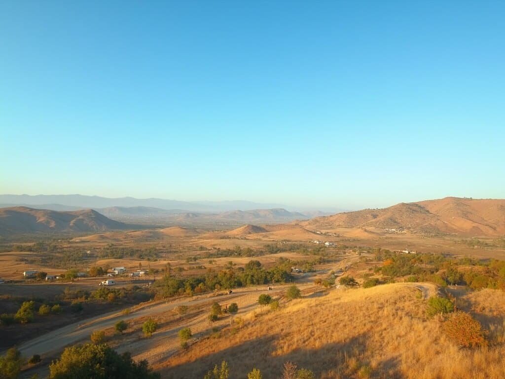 Fresno's October: Your Ultimate Weather and Travel Guide Panoramic view of Fresno's rolling terrain with sparse autumn-colored vegetation under a clear blue sky in early October