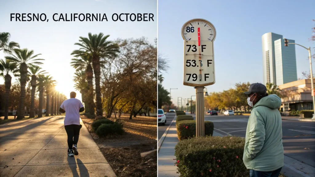 Fresno's October: Your Ultimate Weather and Travel Guide "Split-screen image of early and late October in Fresno, California showcasing distinctive temperatures, lighting, and attire; thermometer highlights the temperature range with additional elements of hiking trails, photography, and layered clothing in a travel magazine aesthetic."