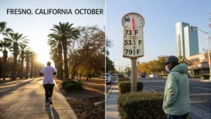 "Split-screen image of early and late October in Fresno, California showcasing distinctive temperatures, lighting, and attire; thermometer highlights the temperature range with additional elements of hiking trails, photography, and layered clothing in a travel magazine aesthetic."