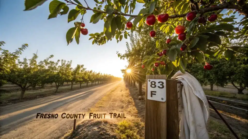 "Sunlit May morning in Fresno, displaying vibrant red cherries in orchards, a jacket on a fence post, temperature at 83°F, and view of Forestiere Underground Gardens, under a clear blue sky."