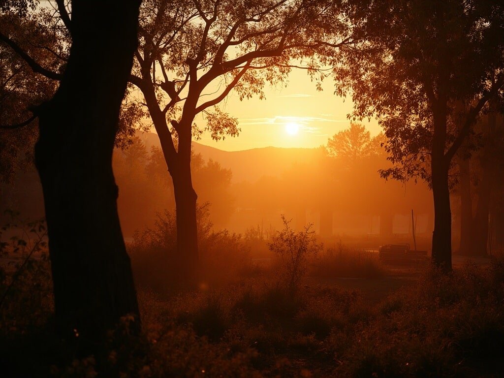Golden-orange sunset illuminating a serene Fresno park during the transition between day and night, with silhouetted trees displaying faint autumn colors, leaves subtly rustling in the breeze, and soft-focus distant mountains encapsulating a perfect September evening.