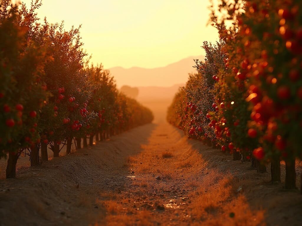Golden hour view of a pomegranate orchard in Fresno County with ripe fruits on branches and long shadows across tree rows, distant mountains in the background
