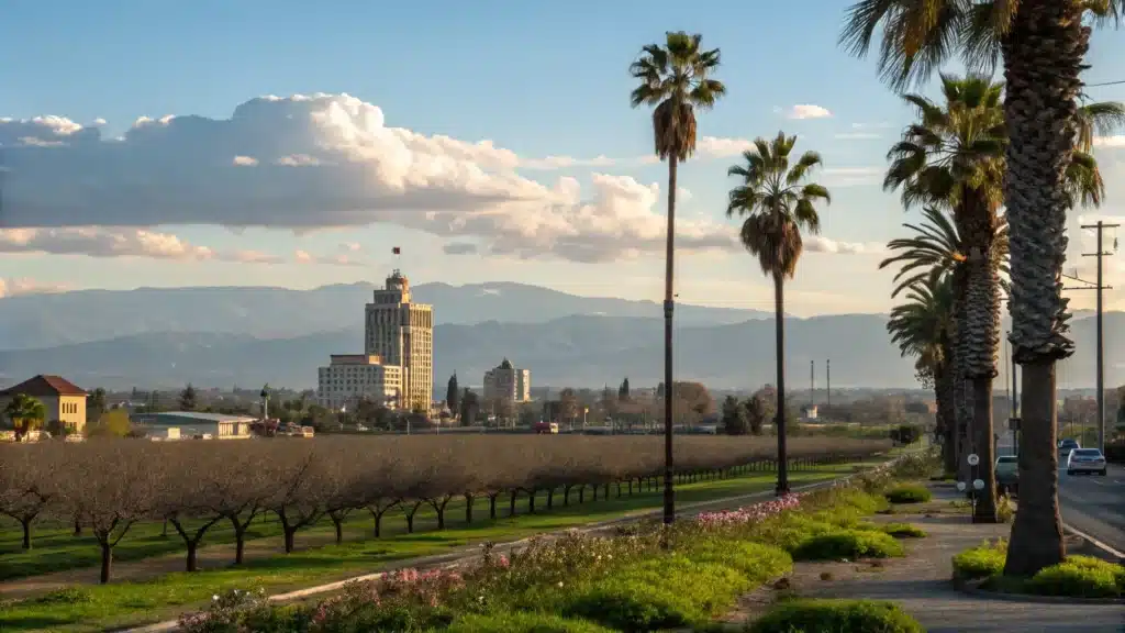 "Downtown Fresno, California in spring with clear skies, afternoon sunlight, swaying palm trees, people in light attire, blooming flowers, Sierra Nevada mountains in the distance, scattered clouds, golden hour lighting, and vibrant green fields."