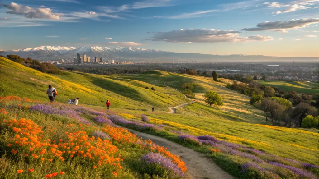 "Springtime in Fresno, California with vibrant wildflowers at Woodward Park, hikers on trails, city skyline, and the Sierra Nevada mountains in the distance during golden hour."