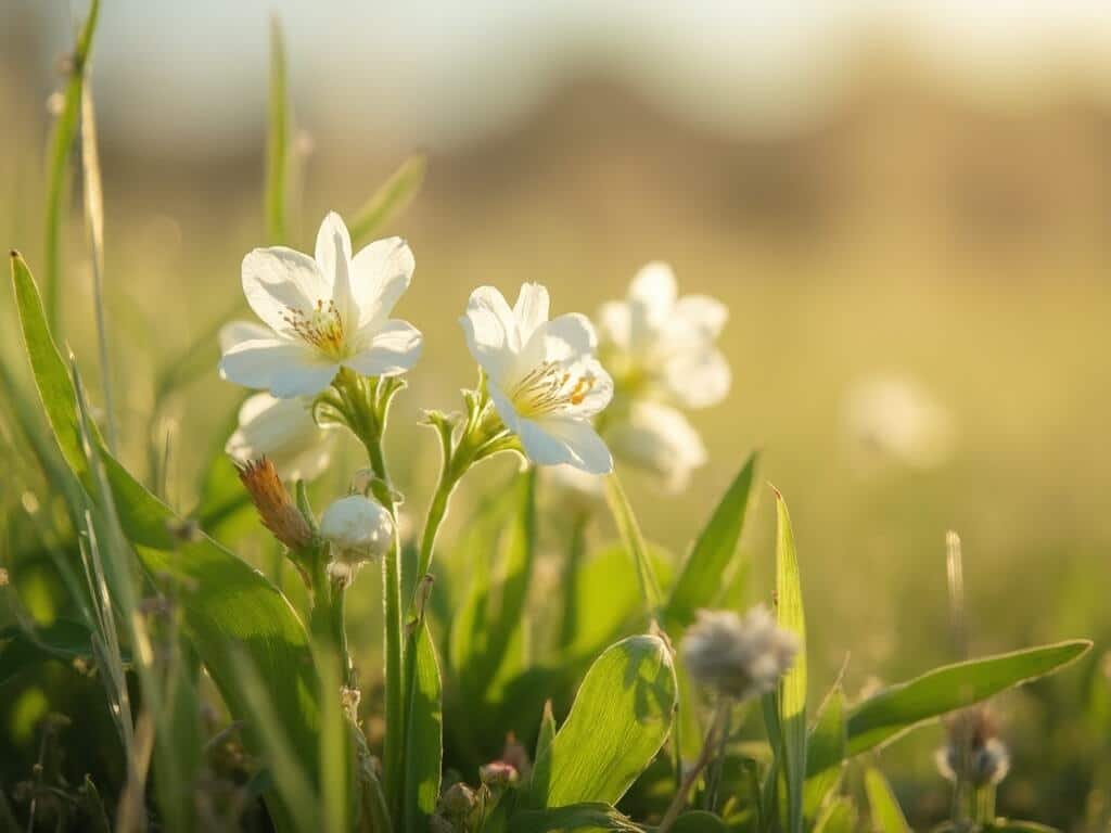 Close-up of emerging wildflowers in Fresno's natural grassland during early spring, highlighted by soft sunlight.
