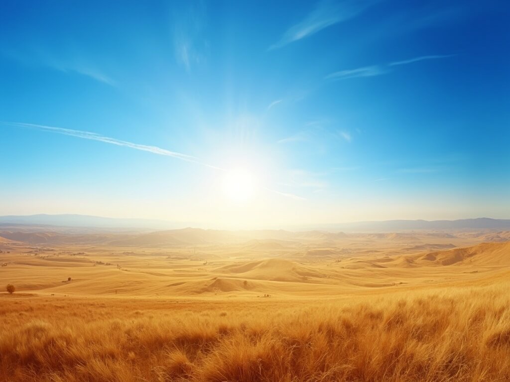 Panoramic view of Fresno in June with golden-brown fields, intense blue sky, and visible heat waves reflecting summer intensity