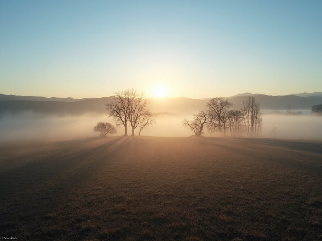 Fresno sunrise over frosty landscape with bare trees and distant hills in winter, under a gentle fog