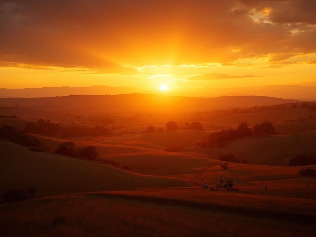 Panoramic sunset over Fresno County's agricultural landscape with silhouetted farm equipment and diverse crop fields
