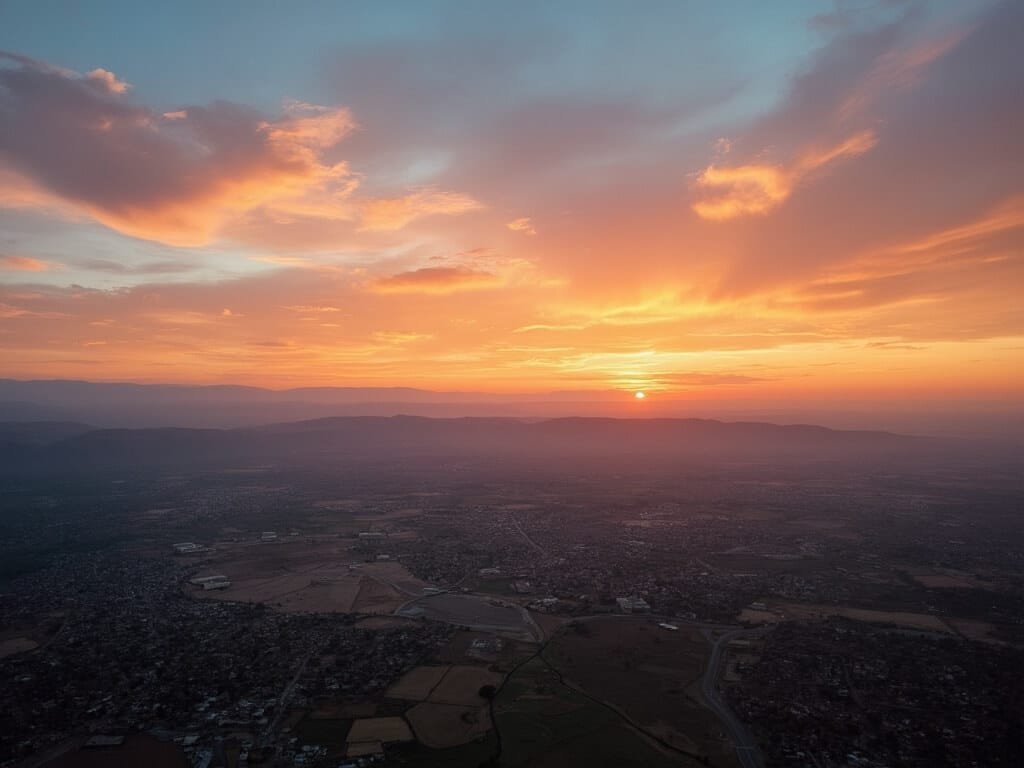 Panoramic sunset view over Fresno's geography, featuring layers of orange and blue sky, agricultural lands, distant hills, and open valley