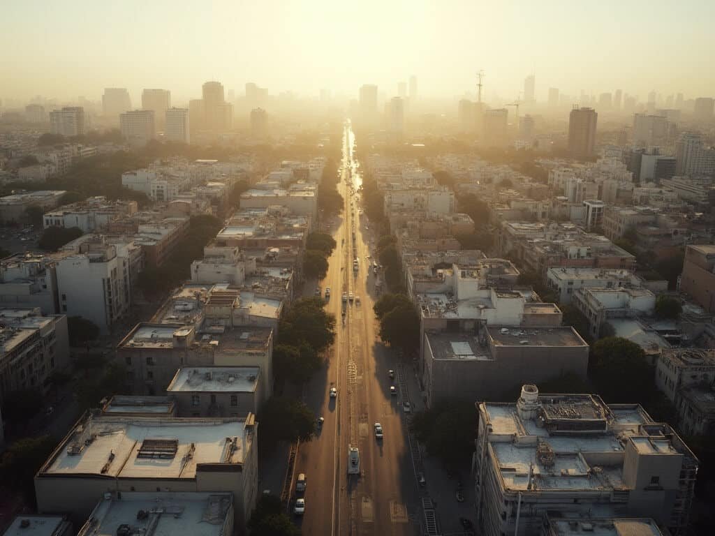 Downtown Fresno's concrete buildings in a dense architectural landscape under harsh afternoon sunlight, showing minimal vegetation and intense urban heat